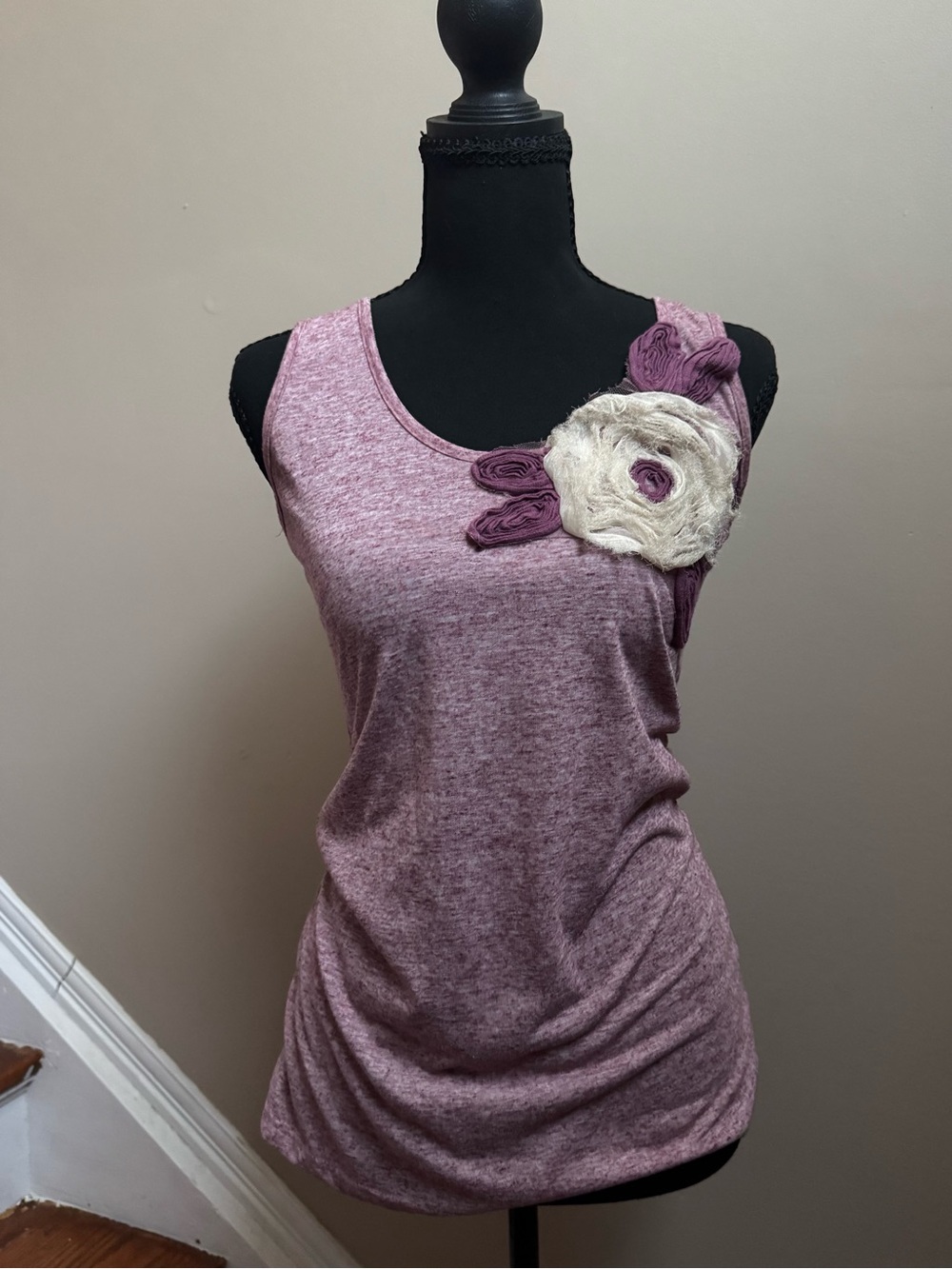 Mauve Rosette Ruched Tank Top Floral Appliqué